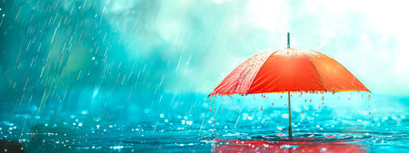 A vibrant red umbrella amidst a heavy downpour, with raindrops splashing on a reflective water surface under a dreamy blue backdropの素材