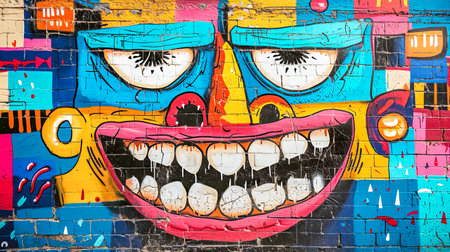 Vibrant graffiti of a whimsical face on an urban brick wallの素材