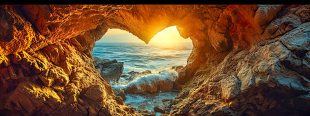 valentines day. A majestic view from within a cave, framing a heart-shaped opening that overlooks the ocean bathed in the golden light of sunset, creating a romantic and serene seascapeの素材