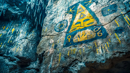 An intriguing image of cave art with futuristic symbols painted in vibrant yellow and blue hues, against the rough texture of a cave wall, evoking a blend of ancient and modern motifsの素材