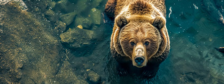 An intimate top-down view of a grizzly bear in water, offering a unique perspective on the majestic creature and its natural environment.の素材
