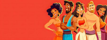 group of stylized, cheerful characters in vibrant attire, set against a bold red background, suggesting a lively and playful mood.の素材