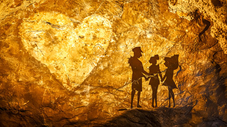 silhouette representation against a golden, textured cave wall, portraying figures in a traditional or ancient setting, possibly depicting a scene from a story or a ritual.の素材
