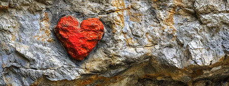 Valentines Day, bright red heart painted on a rugged stone surface, contrasting sharply with the natural grey tones of the rock, symbolizing love or passion in a raw, natural settingの素材