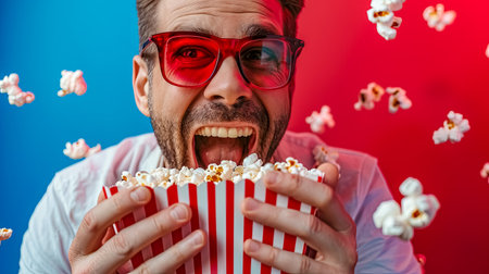 cinema, A humorous and vibrant photo of a man in red glasses excitedly eating popcorn, with popcorn kernels flying in the air, set against a blue and red background.の素材