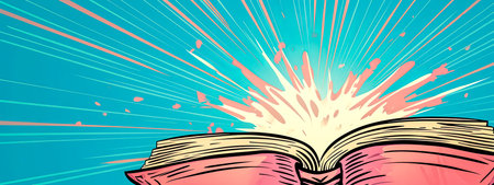 retro, Open graphic novel bursting with colorful rays, evoking excitement and imagination.の素材