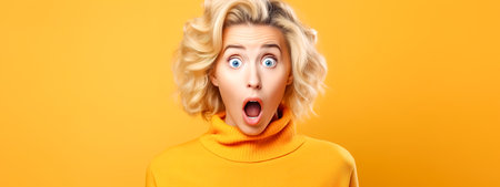Shocked woman with curly hair in yellow turtleneck on matching backgroundの素材