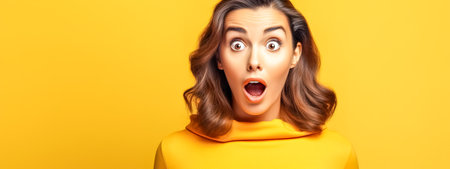 Woman in yellow turtleneck with shocked expression on bright background.の素材