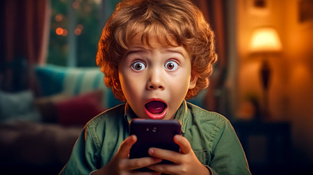 Boy with curly hair, wide-eyed and open-mouthed, holding a phone, in awe.の素材
