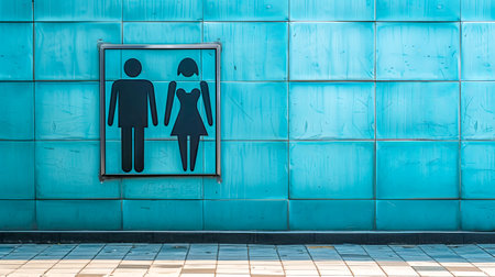 Gender Neutral Restroom Sign on Blue Tiled Wall Exteriorの素材