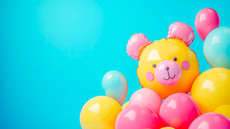 Cute Yellow Teddy Bear and Pink Balloons on Vibrant Blue Background - Party Celebration Themeの素材