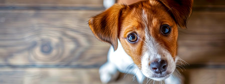 Adorable Brown and White Puppy with Expressive Eyes Looking Up Indoorsの素材