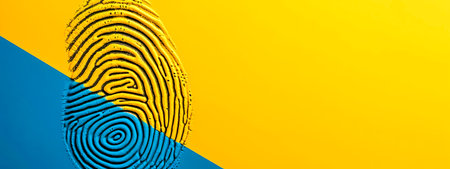 Biometric Fingerprint Identification Technology for Secure Authentication on Blue and Yellow Backgroundの素材