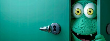 Funny Green Cartoon Creature Peeking Behind Door with Expressive Eyesの素材