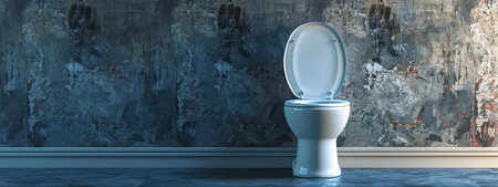 Modern White Ceramic Toilet against Textured Grunge Wall in Contemporary Bathroom Interiorの素材