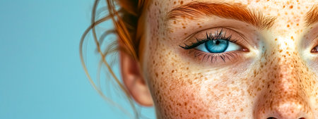 Stunning Close-Up Portrait of a Redhead Woman with Freckles and Intense Blue Eyesの素材