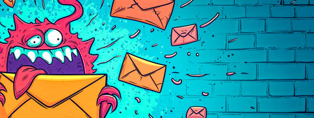 Cartoon monster with Green Azure Textile Orange letters bursting out holding envelope on Aqua Wallの素材