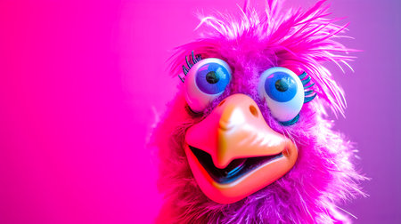 A pink stuffed animal with blue eyes and a yellow beak is looking at the cameraの素材