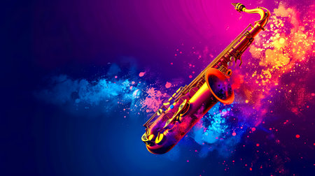 A liquid violet saxophone in a vibrant underwater sky. copy spaceの素材