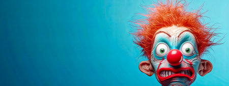 Colorful clown performing funny gesture on blue background. copy spaceの素材