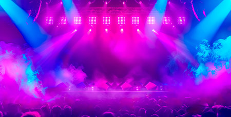 Vibrant purple and blue lighting at a crowded stage concert, copy spaceの素材