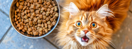 A cat is sitting next to a bowl of cat foodの素材