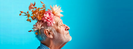 An elderly man with flowers on his head, copy space, Alzheimers diseaseの素材