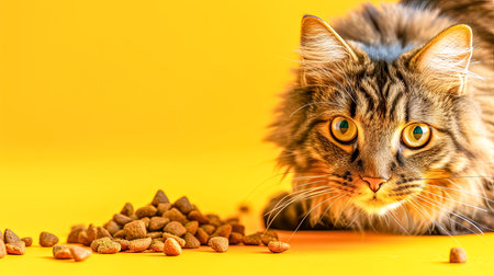 A cat is laying next to a pile of cat food on a yellow background, copy spaceの素材