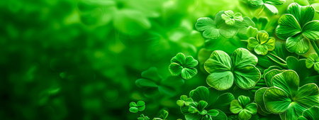 A bunch of green clovers on a green backgroundの素材
