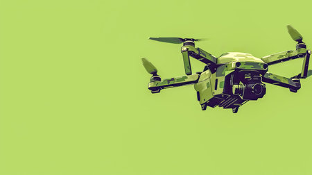 Camouflaged Drone in Flight Against a Lime Green Background with High-Tech Camera, green screen copy spaceの素材