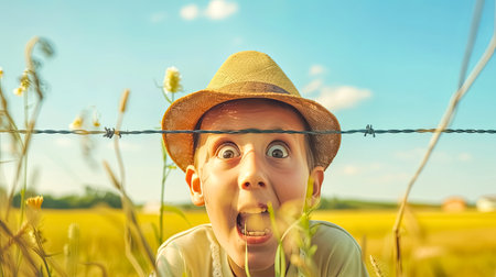 a young boy in a straw hat is making a funny face behind a barbed wire fenceの素材
