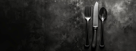 Monochrome photography of kitchen utensils on a wooden table, copy spaceの素材