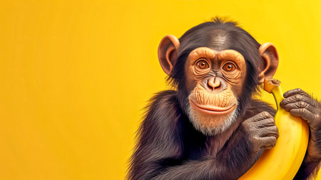 A happy Common chimpanzee holding a banana, with yellow background, copy spaceの素材