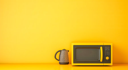 Minimalist Kitchen with Yellow Microwave and Kettle on Vibrant Backgroundの素材
