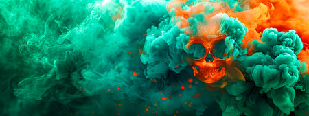 Abstract Skull with Colorful Smoke Art in Green and Orange Tonesの素材