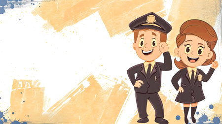 Happy Cartoon Pilot and Flight Attendant Illustration, copy spaceの素材