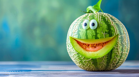 Happy Watermelon Character with Googly Eyes on Blue Tableの素材