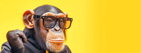 A chimpanzee wearing glasses and a hoodie in a yellow background, copy spaceの素材
