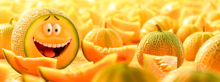 Smiling Cartoon Melon Character Among Fresh Melonsの素材