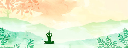 Serene Yoga Pose Silhouette in Pastel Nature Landscapeの素材
