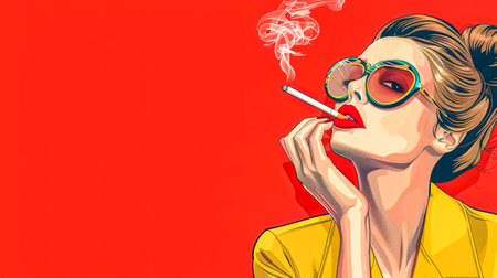 Retro Fashion Woman Smoking Against Red Backgroundの素材