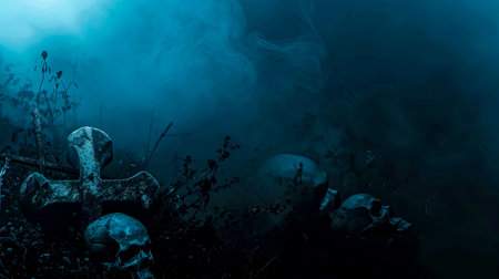 Mysterious Foggy Graveyard with Skulls and Gothic Crossの素材