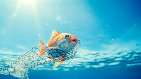 Sunlit fish caught in net underwaterの素材