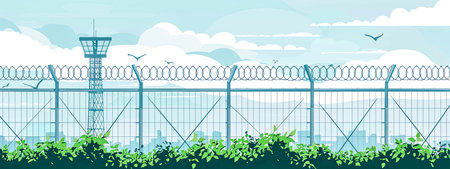 Illustration of Barbed Wire Fence and Watchtower with City Skyline and Birdsの素材