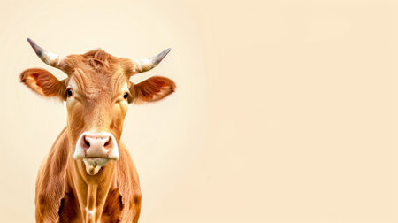 Portrait of a curious brown cow on beige backgroundの素材
