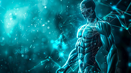 Digital rendering of a muscular human figure with connective data lines on a digital backgroundの素材