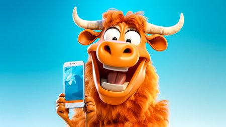 Cartoon bull with smartphone on blue backgroundの素材