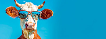 Cool cow with sunglasses on blue backgroundの素材
