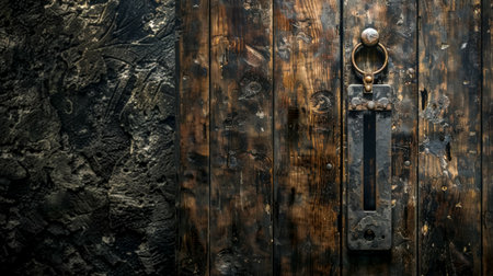 Vintage wooden door with antique iron lockの素材