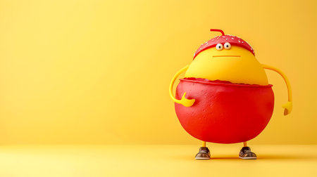 Funny cartoon character in red outfit on yellow backgroundの素材